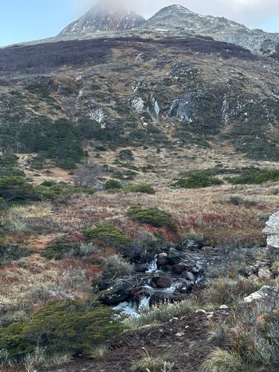 The image depicts a rugged mountain landscape in Unknown, Argentina. The mountain slopes are covered in a mix of dry vegetation, shrubs, and rocky outcrops. There's a small stream or waterfall visible with some ice formations. The overall environment appears to be cold and relatively arid.