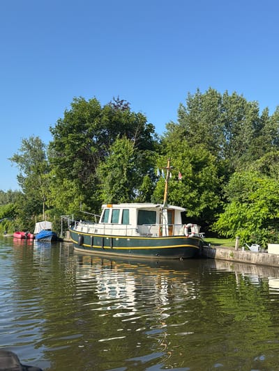 This is a medium shot photograph taken outdoors on a clear, sunny day, likely in the city of Rhenoy, Netherlands. The scene features a canal with a dark green and white motorboat docked at a concrete embankment on the right side of the frame. The boat has a yellow stripe along its hull and a white life preserver on its stern. Behind the boat, a dense line of lush green trees and foliage forms the background. In the water to the left of the motorboat, there are two smaller boats: one red and one blue with a white cover. The water reflects the sky and the surrounding greenery. A light-colored watering can is visible on the embankment to the right of the motorboat. The overall impression is one of a tranquil waterside environment.