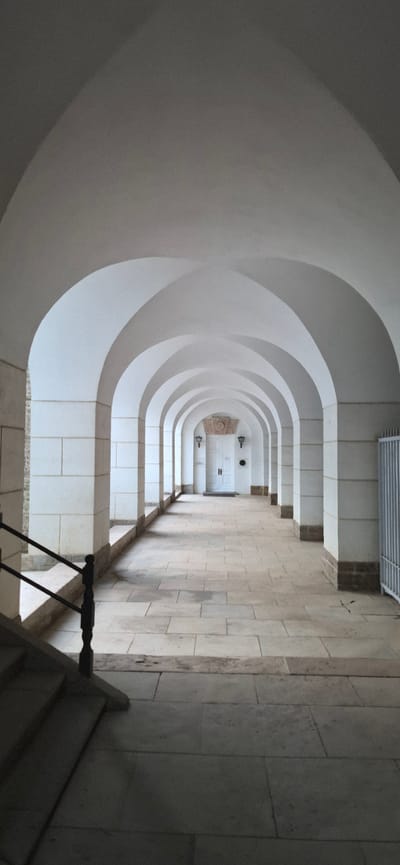 A low-angle, vertical shot captures a long, arched colonnade in a palace or historic building. The architecture features repeating white arches supported by thick, stone-clad pillars. The floor is paved with large, light-colored stone tiles, and the path recedes into the distance, creating a sense of depth. On the left, a dark metal railing leads down a set of stairs. At the far end of the colonnade, a white double door is visible, flanked by two dark lampposts. Above the door, there is a decorative stone carving. The scene is well-lit, with soft shadows cast by the arches. The environment appears to be part of a grand historical complex, possibly within the city of Pushkin, Russia, given the architectural style often found in its palaces and estates.