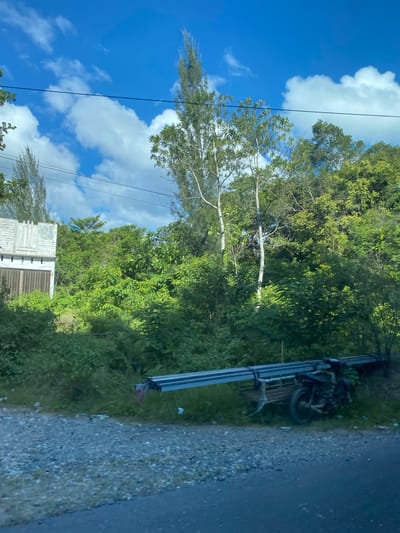 The image depicts a roadside scene in Deahmamplam, Indonesia, under a bright blue sky with scattered white clouds. In the foreground, a paved road transitions to a gravel shoulder. To the left, a building with a light-colored facade and a dark corrugated metal door is partially visible, surrounded by dense green foliage. A line of trees and lush vegetation forms the backdrop.

In the middle ground, a motorcycle is parked beside a long, flatbed trailer loaded with metal bars or beams. The trailer is secured with ropes. Some white plastic debris is scattered on the ground near the trailer and vegetation.

The overall impression is one of a rural or semi-rural area, possibly near a construction or storage site. The lighting suggests it is daytime.