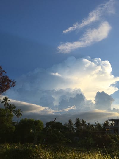 This image depicts a view of the sky and a lush, tropical landscape, likely in the Ban Tai Subdistrict of Thailand. The sky is dominated by dramatic clouds, with a large, bright white cumulus cloud formation illuminated by sunlight, possibly near sunset. Wispy cirrus clouds are visible in the upper right portion of the sky, against a vibrant blue backdrop.

Below the sky, a dense line of tropical vegetation lines the horizon. This includes palm trees, various other leafy trees, and tall grasses in the foreground. A partially constructed building, appearing to be made of concrete, is visible on the far right side of the image, suggesting ongoing development in the area. The overall scene is one of natural beauty with signs of human presence. There are no people visible in the image.