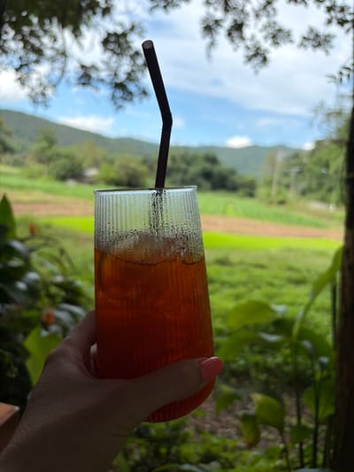 In Ban Huai Takhrai, Thailand, a hand with pink fingernails holds a tall glass of iced tea. The glass is covered in condensation and has vertical ridges. A dark straw protrudes from the drink. The background is a blurred landscape of green fields and distant hills under a bright, cloudy sky. Lush foliage frames the scene.