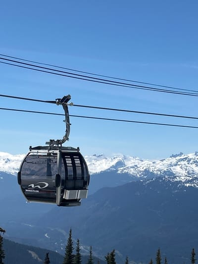 A Whistler gondola is suspended from cables against a clear blue sky, with snow-capped mountains visible in the background. Trees are visible to the right of the gondola. The gondola is labeled "Whistler." The scene is located in Whistler, Canada.
