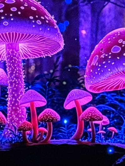 The image depicts a surreal, fantastical forest scene illuminated by vibrant purple and pink lighting. A cluster of large, luminescent mushrooms dominates the foreground, their caps speckled with white. Smaller, similarly colored mushrooms are scattered around them. The background is a blur of deep blue and purple foliage, with a few glowing blue orbs suggesting magical elements. The overall impression is one of an enchanted or otherworldly environment. The image does not contain any elements or context that would place it in the city of Gurkovo, Bulgaria.