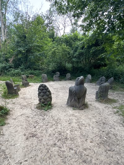A circular clearing in a woodland area features several carved wooden sculptures arranged in a rough circle. In the foreground, a sculpture resembling a large pinecone stands prominently. To the right and slightly further back, a sculpture of a bird of prey, possibly an eagle, is positioned. Completing the circle are several carved wooden seats or benches, some appearing as single log seats and others as more elaborate bench-like structures. The ground within the clearing is sandy and appears well-trodden, with scattered small branches and leaves. The surrounding area is dense woodland with lush green foliage and trees. The sky is overcast. This scene is located within Shorne Woods Country Park, Gravesham, United Kingdom. There are no people visible in the image.