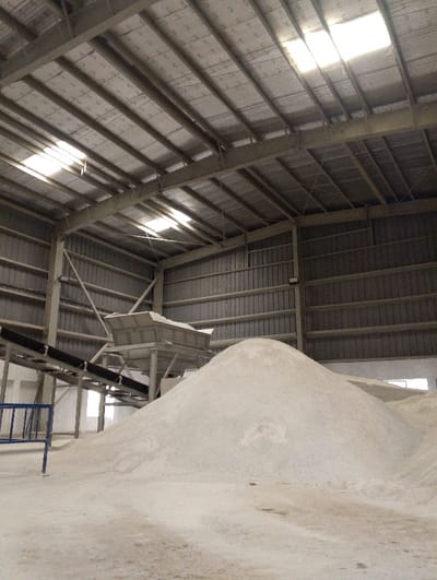 The image shows the interior of a large industrial building located at latitude 22.694 and longitude 90.601 in the city of Pangasia, Bangladesh. The building appears to be a factory or warehouse, with a high ceiling supported by steel beams. The roof is made of metal panels, with several skylights allowing natural light to enter the space. In the foreground, there is a large pile of white aggregate material, likely sand or gravel, filling most of the floor space. To the left of the pile, a conveyor belt runs along the wall, leading to a metal hopper. The walls of the building are made of concrete and painted a light gray color. There are no people present in the scene. The image suggests a typical working environment of a factory.