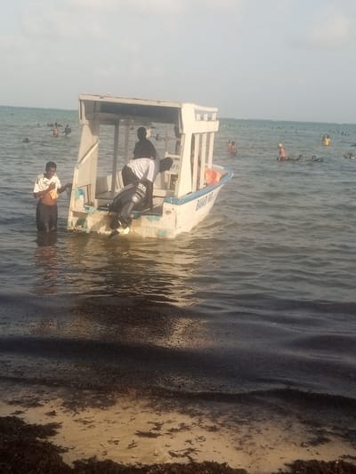 The image depicts a coastal scene in Shanzu ward, Kenya. In the foreground, a dark, wet shoreline covered with abundant dark seaweed transitions into calm, greenish-blue water. A small, white boat with a blue trim and a rectangular white canopy structure is positioned in the shallow water, facing away from the viewer. An outboard motor, dark gray with a silver propeller, is mounted at the boat's stern, partially submerged. Text "BARAKAH 2" is visible on the hull, along with "CAPT" or "PTI" near the canopy. An orange life preserver is inside the boat.
Three individuals are in and around the boat. A male, dark-skinned person wearing a white t-shirt and dark shorts is standing in the water to the left of the boat, holding a yellow object and a white cloth. Inside the boat, a second male, dark-skinned person in a white t-shirt and dark clothing is bent over at the stern, attending to the outboard motor. A third dark-skinned person is visible as a silhouette standing under the boat's canopy.
In the mid-ground and background, numerous other individuals are dispersed across the shallow water, appearing to swim or wade. Some are partially submerged, and a few wear yellow head coverings. The water extends to a hazy horizon under a bright, light blue sky.