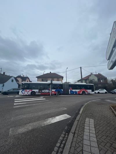 This image depicts a street scene at an intersection in Hoenheim, France, under an overcast sky. A long, articulated public transit bus is centrally positioned on the asphalt road, facing right. The bus is predominantly white with a colorful livery featuring "MAARTY SUPREME" text and stylized graphics in red, blue, and black. A pedestrian crossing, marked by worn white zebra stripes, is visible in the foreground.
To the left of the bus, a dark-colored sedan is partially visible, while a green traffic light is active. To the right of the bus, a white hatchback is parked or stopped. A paved sidewalk with grey rectangular pavers runs along the right side of the road.
In the background, several residential houses with pitched, dark-tiled roofs are visible. One house on the far left is light blue. A tall street lamp post stands behind the bus, and utility poles with overhead wires are also present. A street sign on the far right indicates directions to "REICHSTETT" and "SOUFFELWEYERSHEIM". No individuals are clearly visible in the scene.