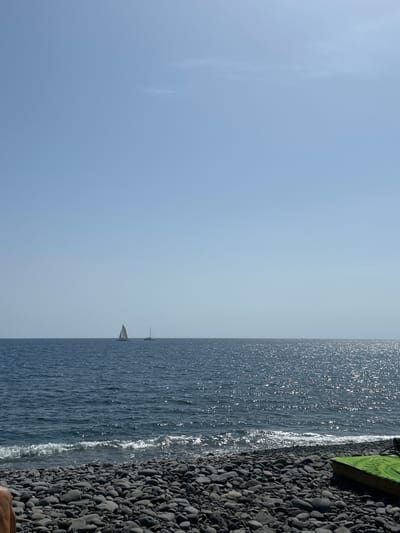 The image shows a view of the sea and a rocky beach in Câmara de Lobos, Portugal. The sky is clear blue. The sea is a darker blue with a few sailboats visible in the distance. The beach is made up of smooth, dark gray rocks. Waves are breaking on the shore. Part of a green object is in the top right. A small part of a person's skin is visible in the lower right corner.