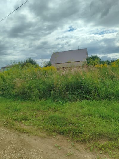 The image depicts a rural landscape in Khokryaki, Russia, under a cloudy sky. In the background, a light-colored building with a dark, sloped roof and an antenna is visible. In front of the building, there is an abundance of green vegetation, including tall grasses and yellow wildflowers. The foreground shows a dirt path with scattered gravel and patches of green grass. No people are present in the image.