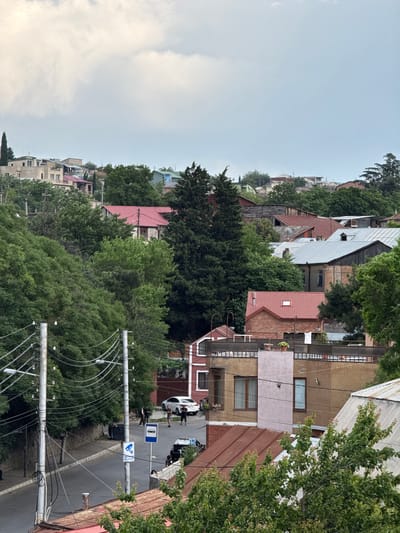The image captures a street scene in Tbilisi, Georgia, with a focus on the residential area and its surroundings. In the foreground, electrical poles and wires dominate the left side, suggesting urban infrastructure. A paved road runs horizontally across the frame, with a few parked cars visible.
Several individuals are present on the street. Two figures stand near a white car on the right side of the road, while a group of four individuals are gathered near an overturned dark-colored vehicle on the left side, near the curb. Another individual appears to be walking away from the camera on the sidewalk.
The background is filled with a dense arrangement of houses and trees. The houses feature a variety of architectural styles and roof types, including red tile roofs and corrugated metal roofs. Lush green trees surround the buildings, indicating a well-vegetated environment. The sky is overcast with clouds. Signs for a bus stop and a security camera are also visible near the road.