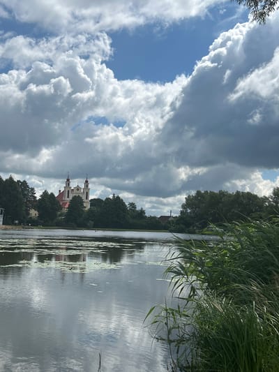 The image depicts a scenic view of a lake in Iwye, Belarus, with a prominent church situated on the far bank. The sky above is filled with dramatic, large cumulus clouds, interspersed with patches of blue. The lake's surface is relatively calm, reflecting the sky and the surrounding greenery. Lily pads are visible scattered across the water.
On the far side of the lake, a white church with red roofing and twin spires stands amidst a dense line of trees. A few other buildings, possibly houses, are visible peeking through the trees. The foreground of the image is dominated by tall, green reeds growing along the water's edge. The overall impression is one of natural beauty and tranquility, with the architectural landmark adding a point of interest to the landscape. No people or animals are clearly visible in the frame.