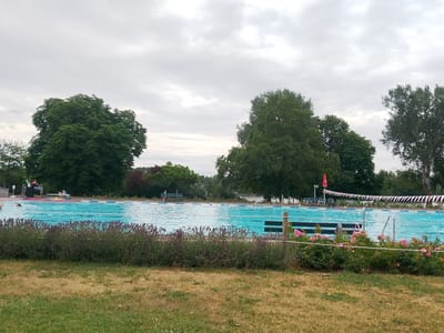 The image shows an outdoor swimming pool in Eltville, Germany, likely on an overcast day. The pool is large and blue, with lane markers visible. Several people are in or near the water, including one person swimming. Benches and lounge chairs are placed around the pool, and there are trees and bushes surrounding the area. A red flag is flying on a pole near the pool. The foreground is a grassy lawn.