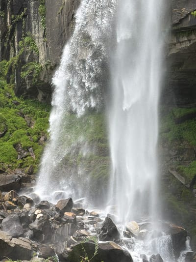 The image depicts a powerful waterfall cascading down a rocky cliff face. Lush green vegetation, including moss and small plants, clings to the sides of the cliff and grows amongst the rocks at the base of the falls. The water is a frothy white, creating a mist that obscures the lower parts of the waterfall and the surrounding rocks. Large, dark boulders are scattered at the foot of the waterfall, some of them wet and glistening from the spray. The overall scene conveys the raw power and natural beauty of the waterfall in a mountainous or cliffside environment. This waterfall is located in the village of Bahang, India.