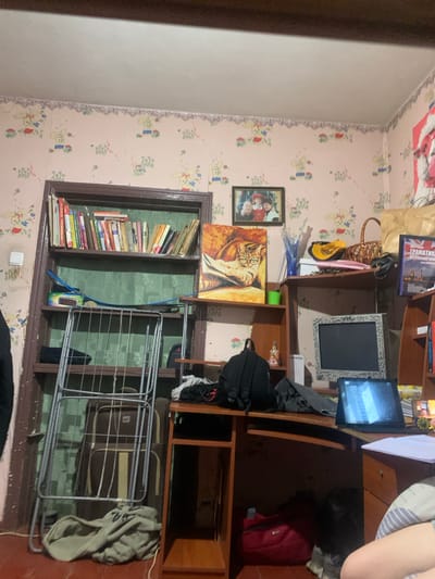 The image depicts a cluttered room, likely a bedroom or study, with items strewn about. A large bookshelf filled with books is visible on the left. A desk with a computer monitor, a laptop, and various other objects occupies the center and right of the frame. There is also a painting of a cat on the wall and a framed photograph of three people. A red bag and a folded garment are on the floor. The room appears to be in a state of disarray, with laundry and personal belongings scattered. The wallpaper has a pattern of small animals. The lighting suggests it is nighttime or the room is dimly lit. The location is described as Hoholeve, Ukraine, though this cannot be independently verified from the image alone.