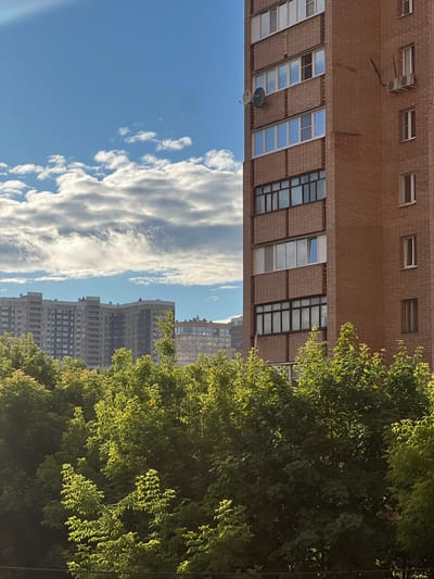 The image depicts a view of urban residential buildings and trees against a bright blue sky with scattered clouds. The perspective is rotated, making the buildings appear as if they are upside down.

In the foreground, a multi-story brick building with numerous windows is visible. Some windows are open, while others are covered by dark frames. An air conditioning unit is mounted on the brick facade, along with a satellite dish. Adjacent to this building, and partially obscuring it, is a dense canopy of green leafy trees, catching the sunlight and appearing vibrant.

In the background, several other tall residential buildings with many windows are visible, also appearing to be upside down. These buildings have a more modern architectural style, with lighter colored facades. They recede into the distance, suggesting a densely populated urban environment.

The sky is a clear, bright blue, indicating daytime. The clouds are wispy and white, stretched across the sky, suggesting fair weather. The lighting suggests it is likely morning or late afternoon, given the angle of the sun illuminating the trees.

There is no visible text in the image. The overall impression is a slice of urban life, perhaps a residential area in Pushkino, Russia, viewed from an unusual angle on a sunny day. The juxtaposition of the man-made structures and the natural greenery creates a visually interesting composition.