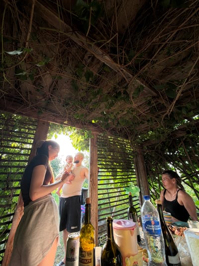 In Уральское, Russia, a group of people is gathered under a wooden gazebo covered with vines. Sunlight filters through the greenery and the roof structure, creating dappled light. A woman on the left, wearing a brown top and gray shorts, stands with her side to the camera, looking towards a man holding a baby. The man, wearing a beige tank top and black shorts, is facing the baby, who is being held upwards. Another woman is seated on the right, looking off to the side. A table in the foreground is laden with bottles of alcohol, a can, a water bottle, and what appears to be food. The environment is outdoors, suggesting a casual gathering or picnic.
