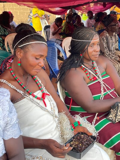 The image depicts an outdoor gathering or ceremony, filled with people, prominent among them two women adorned with traditional beads and attire. The overall lighting suggests bright daylight.
In the foreground, slightly to the right, a woman is seen wearing a white garment. Her head is adorned with a thin white headband, and her hair appears to be very short or shaved on the sides with some styled hair on top. She wears multiple strands of white and patterned beads around her neck and chest. A striking necklace with rectangular red and green beads, along with matching earrings, complements her attire. Her eyes are closed or cast downwards, giving her a serene or contemplative expression. She holds a black rectangular container filled with what appears to be dark-colored food, possibly beans or nuts, in her right hand. Her fingernails have a light polish or glitter. White, shredded decorative material, possibly tinsel or paper, is wrapped around her wrist and arm.
To the left of this woman, in the mid-ground, another woman is visible. She is dressed in a top or dress featuring maroon and green stripes. Her black hair is styled in long braids, pulled back and secured with a white band similar to the other woman's. She also wears multiple strands of white beads and a necklace of red and green beads, mirroring the style of her counterpart. Her gaze is directed upwards and slightly towards the viewer, with a calm and composed expression. Her arms are bent and resting in front of her.
In the background, numerous other individuals are visible, mostly seated on blue and white plastic chairs. They appear to be attendees or participants in the event, with some wearing patterned clothing. On the far left, a section of red, translucent fabric, possibly part of a canopy or tent, is visible, suggesting the gathering is held under shelter. The ground in some areas appears to be paved or tiled.
The prominent use of beads, vibrant colors (red, green, white, maroon), and distinct hairstyles suggests a cultural, traditional, or ceremonial event. The presence of food being held by one of the central figures could indicate a ritualistic offering, a shared meal, or a specific part of the celebration.