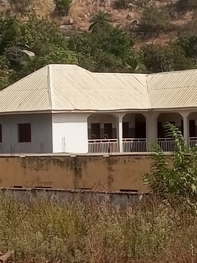 A building with a light-colored, ridged roof and white walls, partially obscured by overgrown vegetation. The building has a veranda with visible supporting columns and railings. It sits atop a low wall, which appears weathered or stained. A hillside covered in trees and shrubs forms the backdrop. The foreground is dominated by the dense growth of tall grasses and bushes, adding a sense of untamed nature encroaching on the built environment.