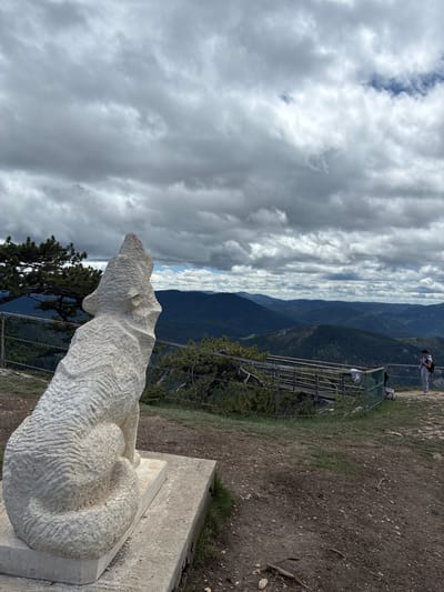 A landscape photograph is presented from a high vantage point, seemingly from a mountain peak in Giovren, Bulgaria. The scene includes a white stone sculpture of a wolf prominently in the foreground, its head pointing towards a mountainous landscape. The sculpture is weathered, showing textured surfaces.

The background is dominated by a series of mountain ranges stretching to the horizon under a cloudy sky. The clouds are dense, with patches of blue sky visible. A railing fence is present, indicating an observation point or a protected area near the edge of the peak.

A person is seen standing near the fence. The ground is rocky and partially covered with vegetation. The photograph is taken during the day, under overcast conditions.