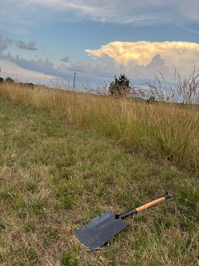 A shovel rests on the ground in a field of dry, tall grass. The shovel has a black metal blade and a light-colored wooden handle with a black grip. In the background, a large, white, cumulus cloud formation is visible in a blue sky with scattered smaller clouds. A single dark tree is also visible behind the tall grass. The scene appears to be a rural or undeveloped area, possibly on the outskirts of the city of Bönnigheim, Germany.