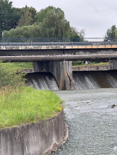 This image captures a man-made waterfall and a bridge over a river in the vicinity of the city of Shchomyslitski Sel'ski Savet, Belarus. The waterfall is part of a concrete structure, with water cascading down two distinct channels. A large concrete pipe or beam runs horizontally across the frame above the waterfall. A bridge with a dark blue railing and concrete supports spans the upper portion of the image. A line of pigeons is perched on the concrete beam. Lush green grass and vegetation grow on the left bank of the river, which is bordered by a concrete wall. The river itself appears somewhat turbulent, with small waves and ripples. The sky is overcast, contributing to the muted lighting of the scene. There are no people clearly visible in the image.