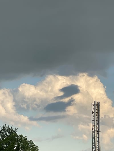 The image depicts a view of the sky above Toksovo, Russia, featuring a striking cloud formation. A large, dark cloud looms in the upper portion of the frame, contrasting with lighter, billowy clouds below. Within these lighter clouds, a distinct shadow forms a shape resembling a bird with its wings extended. To the right, a tall, industrial chimney structure, composed of metallic scaffolding and twin cylindrical outlets, stands prominently against the cloudy sky. The lower left corner of the image shows the green canopy of trees. The lighting suggests it might be late afternoon or early evening, with sunlight illuminating the clouds from the side.