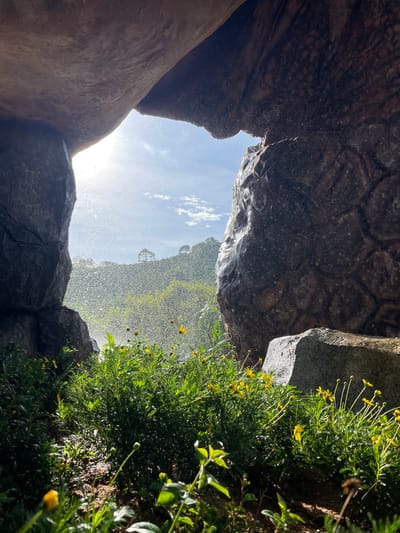The image shows a view looking out from a cave or overhang onto a lush green hillside. Large, dark rocks form the foreground, framing a misty spray of water. Beyond the mist, a sunlit hillside is covered in dense green foliage and scattered yellow wildflowers. Trees are visible on the crest of the hill. The sky is blue with scattered white clouds. The scene appears to be located in Thôn 1, Vietnam, possibly near a waterfall or in a natural park. There are no people visible in the image.
