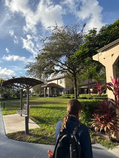 A woman with a blonde braid wears a navy shirt and black backpack. A house is visible in the background with a brown roof and white pillars. Trees with bare branches spread out in the yard. Lush green grass covers the ground. Part of a metal structure with benches sits to the left of the scene, facing toward the house. The sky is blue with scattered white clouds. Red tropical plants are in the corner.