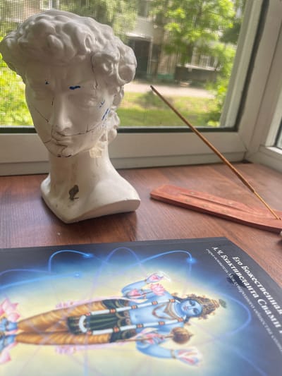 The image displays a still life arrangement on a wooden surface, likely a windowsill, with a blurred urban background visible through a window screen. In the foreground, a plaster bust of a classical figure, possibly Apollo or a similar deity, rests on the wooden surface. The bust is white and shows signs of wear, with visible cracks and some blue paint smudges. To the right of the bust, an unlit incense stick rests in a wooden incense holder. The incense stick is angled upwards, pointing towards the window. Further in the foreground, a book with a cover featuring an illustration of a blue-skinned deity, likely Vishnu from Hindu iconography, is partially visible. The title on the book is in Russian and appears to be "Его Божественная Шри Кришна", suggesting it is a religious or spiritual text. The background through the window shows green trees and the facade of a residential building, indicating an outdoor environment. The lighting suggests it is daytime. The image's composition and the presence of religious artifacts hint at a personal space, potentially a home in Topolevo, Russia, where someone might be engaging in personal spiritual practices.