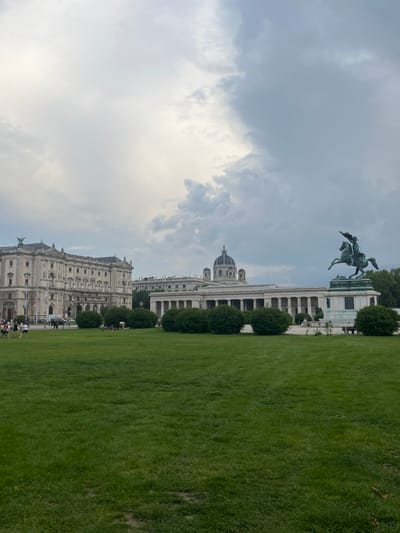 The image shows a large, open grassy field in front of a grand building. In the foreground, a field of green grass extends across the frame, with the camera looking toward the building in the background. There are small groups of people walking on the grass to the left of the frame. The building in the background is the Neue Burg, a wing of the Hofburg Palace, located at coordinates 48.207, 16.364 in Wien, Austria. The building is white and has a long, symmetrical facade with a dome at the center. To the right of the building, a bronze statue on horseback is visible in the distance. In the background, a row of trees lines the building, and in the distance, the sky is overcast with clouds.