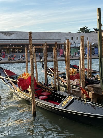 The image depicts a canal scene in Venice, Italy, with the Santa Lucia train station visible in the background. In the foreground and midground, multiple traditional black gondolas are moored to weathered wooden poles (paline) in the water. Each gondola features ornate red upholstered seating, often with prominent gold trim and decorative elements, including an "FS" logo, visible on the station's facade. The water exhibits ripples and reflections of sunlight.
On the distant bank, a large, light-colored building, identified as the Santa Lucia train station by the "FS" (Ferrovie dello Stato) emblem on its upper left facade, serves as the backdrop. The station features numerous windows and multiple entrances at ground level. A clock is visible on the building's right side. A significant number of individuals are present on the wide pedestrian plaza in front of the station, engaged in various activities such as walking, standing, and sitting on steps. Lampposts and colorful promotional banners are also discernible on the plaza. The sky above is light blue with scattered wispy clouds, indicating a bright, clear day. A small red flag with a yellow emblem is attached to one of the gondolas on the right side of the frame.