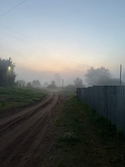 The image depicts a rural scene in the city of Uralskoye, Russia, on a foggy morning. A dirt road, marked with tire tracks, curves into the distance, partially obscured by mist. To the left of the road, a grassy area is visible, with a single lamppost illuminating the dense fog. Trees and vegetation line the road and the background, with their forms softened by the fog. A corrugated metal fence runs along the right side of the road. Overhead, power lines stretch across the sky, which transitions from a pale blue at the top to a soft, peachy hue near the horizon, indicating the early morning light. The overall atmosphere is tranquil and slightly melancholic due to the fog. No people are visible in the image.