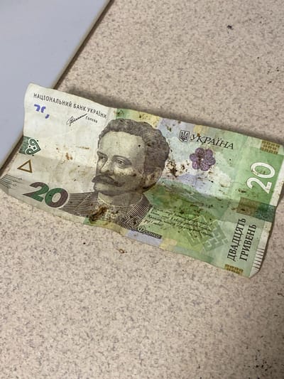 A crumpled, dirty 20 Ukrainian Hryvnia banknote lies on a textured beige surface. The banknote features a portrait of a man with a mustache and a purple flower. Text in Ukrainian is visible, including "НАЦІОНАЛЬНИЙ БАНК УКРАЇНИ" and "20 ГРИВЕНЬ". The scene is indoors, likely a floor, with visible dust and debris on both the banknote and the surface. No specific location in Lymanka, Ukraine can be determined from the image alone.