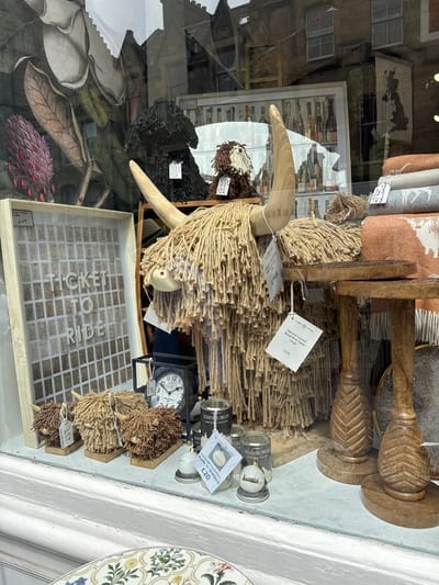 This is a close-up, eye-level, outdoor photograph of a shop window display in the City of Edinburgh, United Kingdom. The display features several decorative items, primarily focusing on Highland coo (cow) figures and textiles.
In the foreground, to the left, is a framed display containing a grid of vintage-looking tickets, with the words "TICKET TO RIDE" in raised white lettering. To the right of this is a large, shaggy Highland coo figure made of natural fibers with prominent wooden horns. Several smaller, similar Highland coo figures are positioned in front of it. A dark-faced clock with a white face and Roman numerals is visible behind the smaller coo figures. Various cylindrical containers, possibly candles or diffusers, are also present, some with labels indicating "EDINBURGH".
Further back, on the right side of the frame, are stacked textiles, including what appear to be blankets or throws in shades of orange and grey, some with white patterns. Two carved wooden side tables with intricately patterned bases and tops are also part of the display. A large botanical illustration featuring a purple flower and large leaves is visible on the far left, behind the ticket display. Reflections of buildings and the sky are visible in the shop window glass.