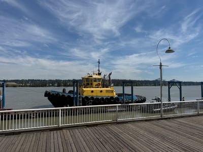 A bright yellow tugboat named "BST TIGER SUN" is docked at a pier on a cloudy day in New Westminster, Canada. The tugboat has a blue hull and is surrounded by black fenders. The pier is made of wooden planks and has a white metal railing. In the background, there is a body of water, a treed shoreline, and industrial structures across the water. A street lamp with a curved pole stands on the pier, and the sky is filled with wispy clouds. The scene appears calm and serene, with no people visible.