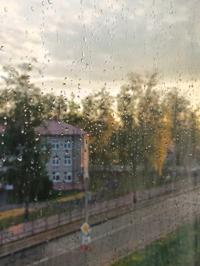 The image depicts a view through a rain-streaked window overlooking a street scene in the city of Parechcha, Belarus. The foreground is dominated by numerous water droplets of varying sizes adhered to the glass, creating a blurred and distorted effect on the background.
In the mid-ground, a multi-story building with a reddish-brown roof and multiple windows is visible. The building appears to be an apartment complex or educational institution, with its facade rendered indistinct by the water on the window. Adjacent to the building, a row of green trees with dense foliage lines the street.
The background reveals a paved road or street with a pedestrian walkway or sidewalk. A yellow and white diamond-shaped traffic sign with a red border is positioned near the side of the road. The sky above is overcast with soft, diffused light, suggesting it is either early morning or late afternoon, with a hint of golden light peeking through the clouds. The overall atmosphere is somber and muted due to the rainy weather. No people are clearly discernible in the scene.