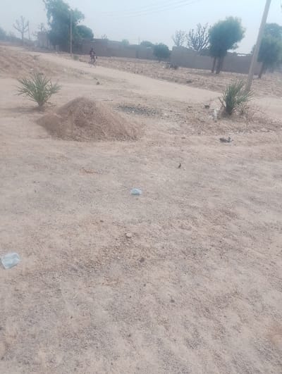This image depicts an outdoor scene in Kanwa, Nigeria. The foreground and midground consist of light brown, sandy earth, indicative of an unpaved area. Scattered small dark stones and sparse dry vegetation are present across the ground.
In the mid-left, a prominent conical pile of light brown granular material, consistent with sand or fine gravel, is positioned. A smaller, darker pile of coarser aggregate is visible behind it, slightly to the right. Two small, bushy plants with spiky green leaves are observed: one to the immediate left of the sand pile and another further right, closer to the frame's edge. Multiple pieces of light-colored plastic debris, resembling crumpled bags or wrappers, are scattered on the ground.
In the upper-left background, an individual is observed riding a bicycle along a dirt path. The background features a low, horizontal wall constructed from cinder blocks, with additional structures, some appearing unfinished, visible behind it. Numerous trees of varying density and at least two utility poles are present in the distant background. The sky is light and appears hazy.