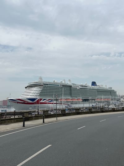 This is a vertically oriented, outdoor, eye-level shot of a large cruise ship docked alongside a paved road. The ship, primarily white with green accents and a prominent Union Jack design on its stern, is docked next to a concrete embankment. The ship's name, "ARVIA", is visible in large white letters on its side. Several lifeboats are visible along the ship's hull.
The sky is overcast with heavy clouds, suggesting a cloudy or possibly rainy day. The road next to the ship is dark asphalt with white lane markings. The scene appears to be a port or harbor area. No people are clearly visible. The overall mood is one of industrial maritime activity under a subdued sky. The location is identified as A Coruña, Spain.