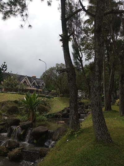 A stream with small waterfalls flows through a lush, green landscape. Trees line the right side, partially obscuring the view. On a grassy hill to the left, a building with a dark, angled roof and a golden cupola is visible. A single streetlight stands nearby. The sky is overcast and gray, suggesting a cloudy day. The scene evokes a peaceful, natural setting.