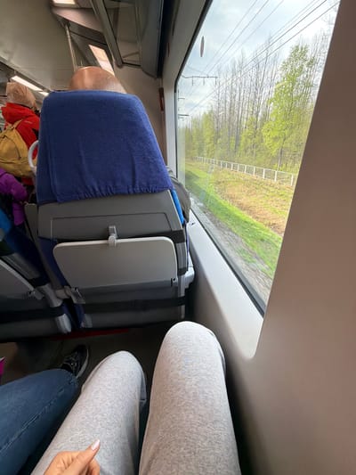The image depicts an interior view from what appears to be a train car. A window shows a landscape moving past, with trees and a section of a tall metal ladder. Inside the car, there are seats with blue covers, and foldable tables. A person is seated in front, wearing gray sweatpants and blue jeans. A hand with a fingernail is also visible. The location can not be deduced from just the given image.