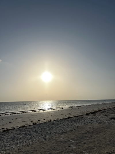 The image captures a vibrant beach scene under a brilliant sun, likely during a strong daytime or late afternoon period, consistent with the location of Kiwengwa, Tanzania. The horizon line diagonally traverses the frame, separating the expansive sky from the sea and shoreline.
The sun, a dazzling white orb, dominates the upper-middle section of the image, casting an intense, bright glare across the water. The sky, a hazy, pale blue-grey, gradually lightens to a soft yellow-white around the sun. Below the sun, the sea shimmers with a powerful reflection, a bright streak extending towards the viewer. A small, dark, elongated object, possibly a distant boat or a marker, is faintly visible in the water near the reflection.
To the right, the shoreline presents a dark, textured expanse of sand, possibly wet in areas, with visible ripples or patterns. The beach stretches from the foreground into the distance, meeting the sea. There are no people or specific activities depicted, focusing instead on the natural beauty and radiant light of the coastal landscape. No text is visible in the image.