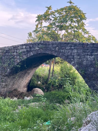 This media file shows a stone bridge archway in a natural, overgrown setting. The bridge is constructed from rough-hewn, grey stones, with some areas showing signs of moss and small plants growing on them. Sunlight filters through the arch, illuminating the greenery on the other side. To the left of the arch, a large tree with light green leaves stands against a pale blue sky with scattered clouds. The ground beneath the arch and to the right is densely covered with lush green grass and other vegetation, with a few rocks visible among the plants. A thick tree trunk is visible on the far left edge of the frame. The overall impression is one of an old, possibly disused structure blending into a wild, verdant landscape. The time of day appears to be daytime, with soft lighting suggesting it might be late afternoon or early morning. No people or specific activities are depicted, and there is no visible text. The location context suggests this is a scene from Podostrog, Montenegro.