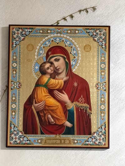 The image shows an icon of the Virgin Mary holding the baby Jesus. The icon is framed and hangs on a light-colored wall with a small, dried plant stem to the left. The icon itself is decorated with intricate patterns and inscriptions in gold, blue, and red. The Virgin Mary is depicted in a red cloak, and the baby Jesus is wrapped in yellow.
There is no indication of the location in Radomir, Bulgaria, in the image.