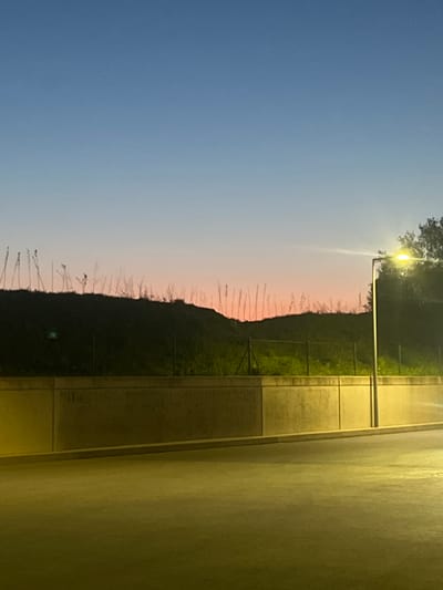 The image shows an outdoor scene in Niederanven, Luxembourg at dusk or dawn. To the left is a blue and pink sky. Adjacent to the sky is a silhouette of a grassy embankment with small trees or bushes, partially illuminated by a street lamp. A sidewalk runs parallel to the embankment, lit by the same lamp. To the right of the sidewalk is a light-colored wall or building facade. There are no people visible in the image.