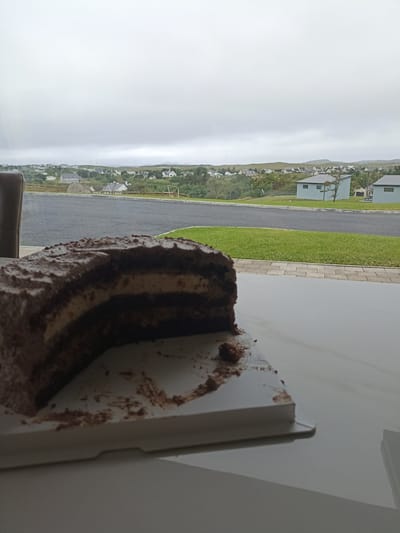 In Doirí Beaga, Ireland, a partially eaten chocolate cake sits on a table in the foreground, with crumbs scattered on its white stand. The cake has multiple layers of dark chocolate cake and lighter colored filling, topped with chocolate frosting. In the background, through a window, a suburban landscape unfolds under a cloudy sky. Several houses with grey roofs are visible amidst green hills and trees. A paved road and a well-maintained grassy area are also part of the outdoor scene.