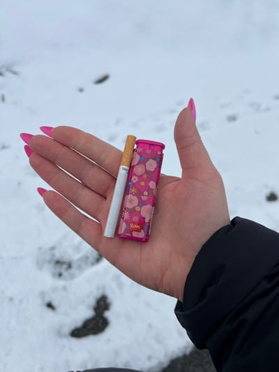 The image captures a person's left hand holding an unlit cigarette and a small, decorative item, presumably a lighter, against a snowy background. The hand features long, pointed pink acrylic nails. A black jacket sleeve is visible near the person's wrist on the right side of the frame.

The object in the hand is a pink rectangular item adorned with a floral pattern of small pink, white, and yellow flowers with green leaves. Text visible on this item includes "LEGAMI MILANO" and "MI". Resting parallel to this object is a cigarette, featuring a white filter tip and a brown tobacco section. Partially visible text on the cigarette's white paper wrapping reads "Marlbo" and "Gold", suggesting it is a Marlboro Gold cigarette.

The background is a vast expanse of snow, indicating an outdoor, cold environment. Scattered across the snow are faint dark marks, possibly patches of ground, dirt, or debris, and subtle indentations that could be footprints. The setting suggests a wintery day, consistent with the geographical context of Tromsø, Norway. The scene depicts the simple act of holding these items, with no activity of smoking or lighting taking place.