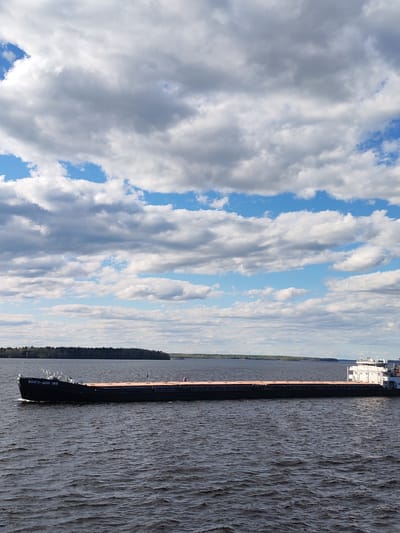 The image shows a freighter ship, labeled "ВОЛГО-ДОН 185" on its bow, navigating a body of water near Rechnaya Sosnovka, Russia. The vessel appears to be carrying cargo. A tree line is visible on the horizon in the distance. The sky is filled with cumulus clouds with patches of blue sky. The water is dark, and the image is taken during daylight hours. No people are visible on deck.