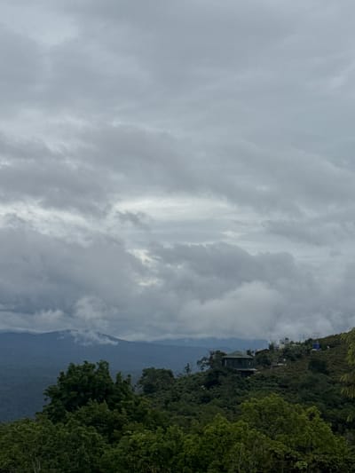 The image depicts a landscape view in Trường Thọ, Vietnam. The sky is heavily overcast with gray and white clouds dominating the upper portion of the frame. On the right side of the image, a hillside covered in lush green trees is visible. There are structures, potentially buildings, situated among the trees further up the hill. The composition includes a mountainous region obscured by haze in the middle distance, situated between the sky and the forested hillside.