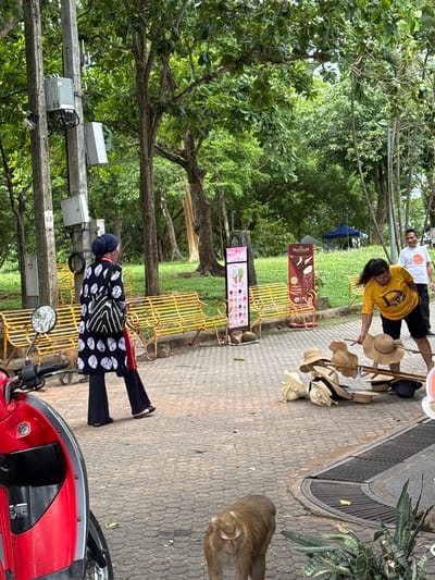 In Ratsada, Thailand, a park scene unfolds with a paved walkway and lush trees. A woman in a patterned jacket and headscarf walks past yellow park benches, carrying a striped bag. Nearby, a woman in a yellow t-shirt and shorts arranges hats on the ground. Another man stands further back. A red scooter is parked on the left side of the image, and a monkey is visible in the foreground. Various advertising signs are placed around the area, including one for "Magnum" ice cream. The environment suggests an outdoor recreational space within the city.